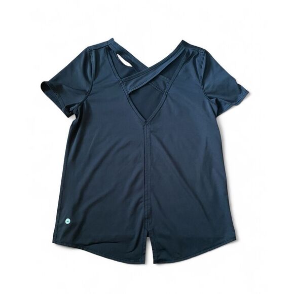 Avia Women’s Black Activewear Top L Cross Back Slit Hem Recycled Stretch Tee - Picture 1 of 7